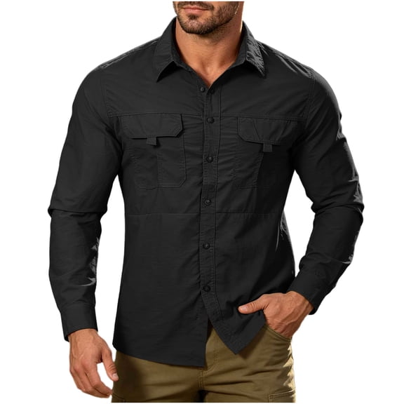 Stamzod Work Shirts for Men Outdoor Athletic Long Sleeve Button Down Shirt Men Quick-Dry Breathable Casual Shirts with Pockets Black XXXXL