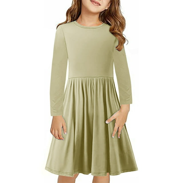 AherBiu Robe à Manches Longues pour Filles, Col Rond, Basique, Légère, Automne Hiver, Décontractée, Confortable, Couleur Unie