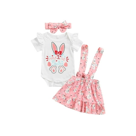 

Nokpsedcb Toddler Baby Girls My First Easter Outfits Cartoon Letter Print Romper + Suspender Skirt + Headband Sets Pink 18-24 Months