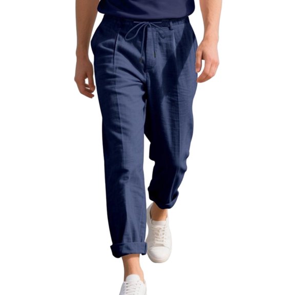 TANBOM Men's Wide Leg Relaxed Casual Linen Drawstring Pants, Navy Blue, 1-Pack, M