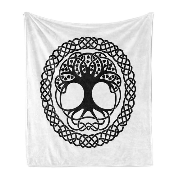 Celtic Tree Soft Flannel Fleece Blanket, Plain Background with Irish Folklore Elements of Nature and Knots, Cozy Plush for Indoor and Outdoor Use, 50" x 60", Charcoal Grey and White, by Ambesonne