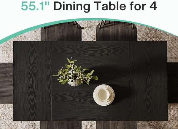 Rectangular 55" Dining Table for 4-6, Mid-Century Modern Kitchen Dining Table, Black