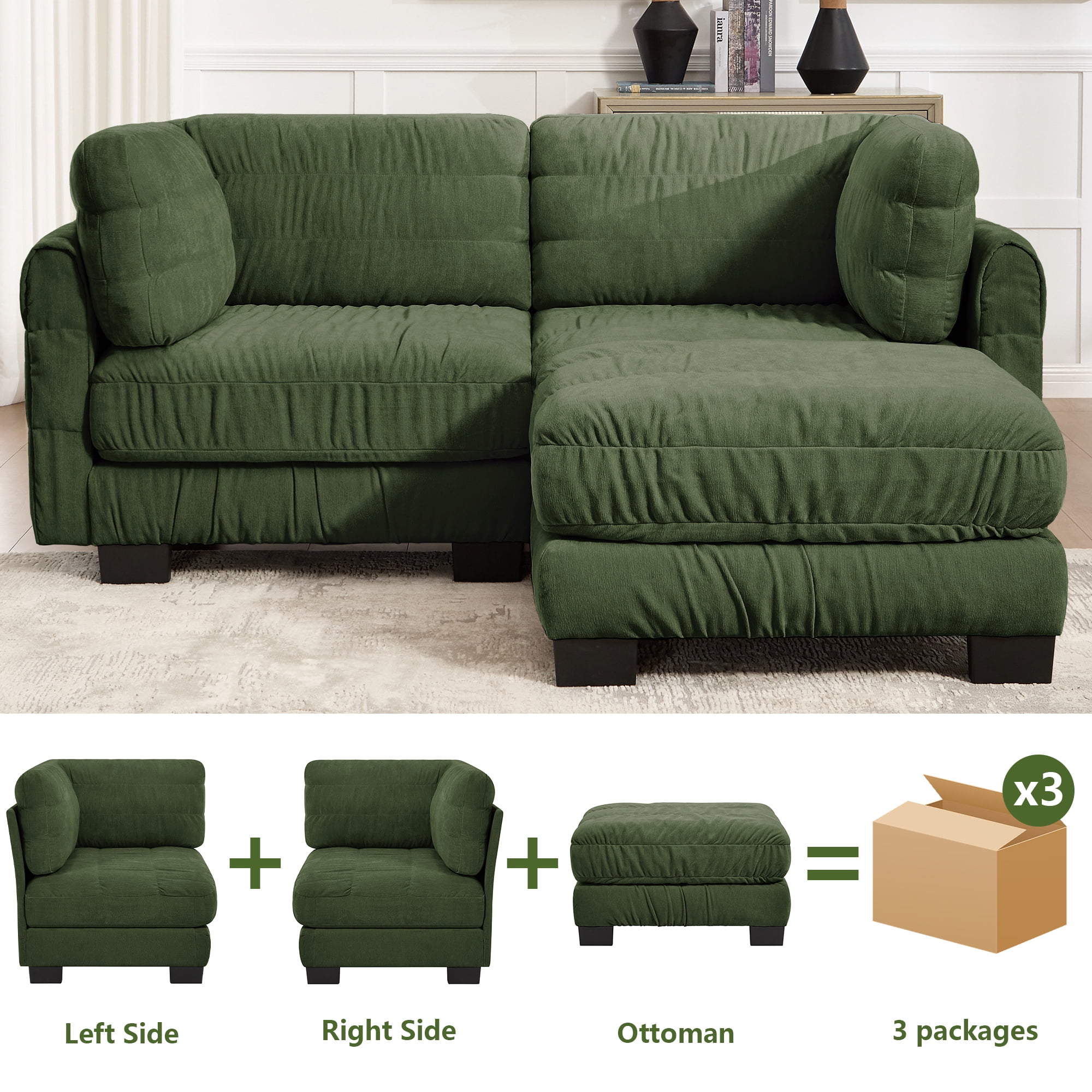 78" 2 Seat Chenille Modular Sectional Sofa with Movable Ottoman and L Shape Back Cushions,Easy Assembly