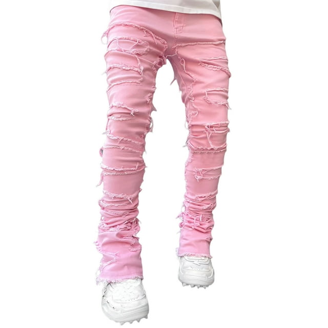Gupgi Men Stacked Jeans Ripped Jeans Slim Fit Patch Destroyed Denim Pants Streetwear Trousers