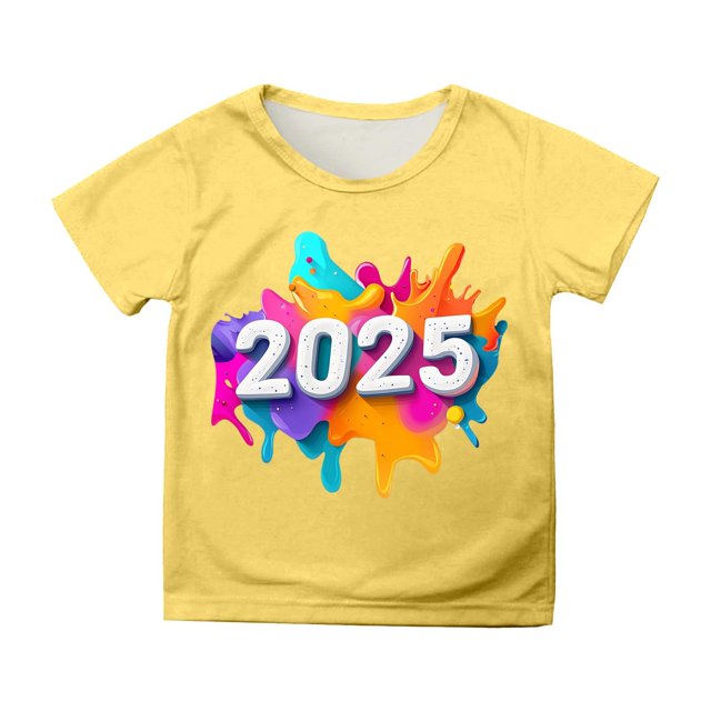 SXcggal One 2025 Nouvel An Imprimé T-Shirt à Manches Courtes Col Rond Confortable Décontracté pour Enfants Mignon Confortable Beaux Hauts pour Filles