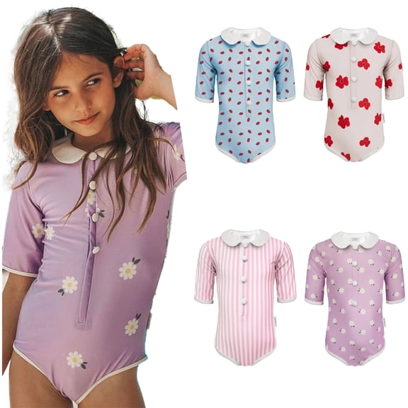 LYMAYTER Baby Girl One Piece Swimsuit Toddler Lapel Print Swimwear Short Sleeves Cute Beach Wear 12M-9Y