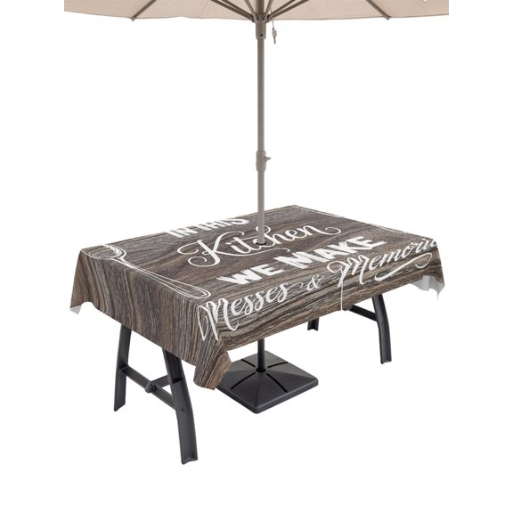 60x84 Inch Outdoor Tablecloth with Umbrella Hole Zipper Rectangle Spoon Knife Kitchen Rectangular Tablecloths Outside Waterproof Grey Wooden Farmhouse Patio Table Cloth Cover for Picnic Party