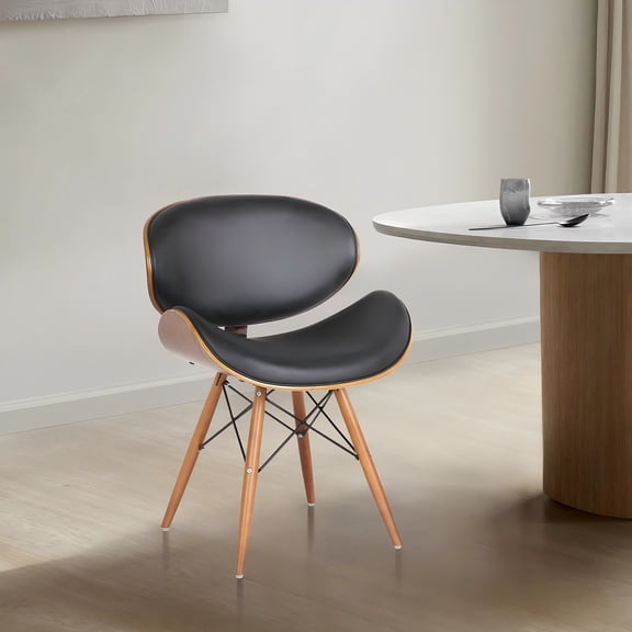 Saisce Mid-Century Dining Chair, Curved Walnut Wood Back with Black Faux Leather Padded Seat, Eiffel Metal Legs for Dining Room Breakfast Area