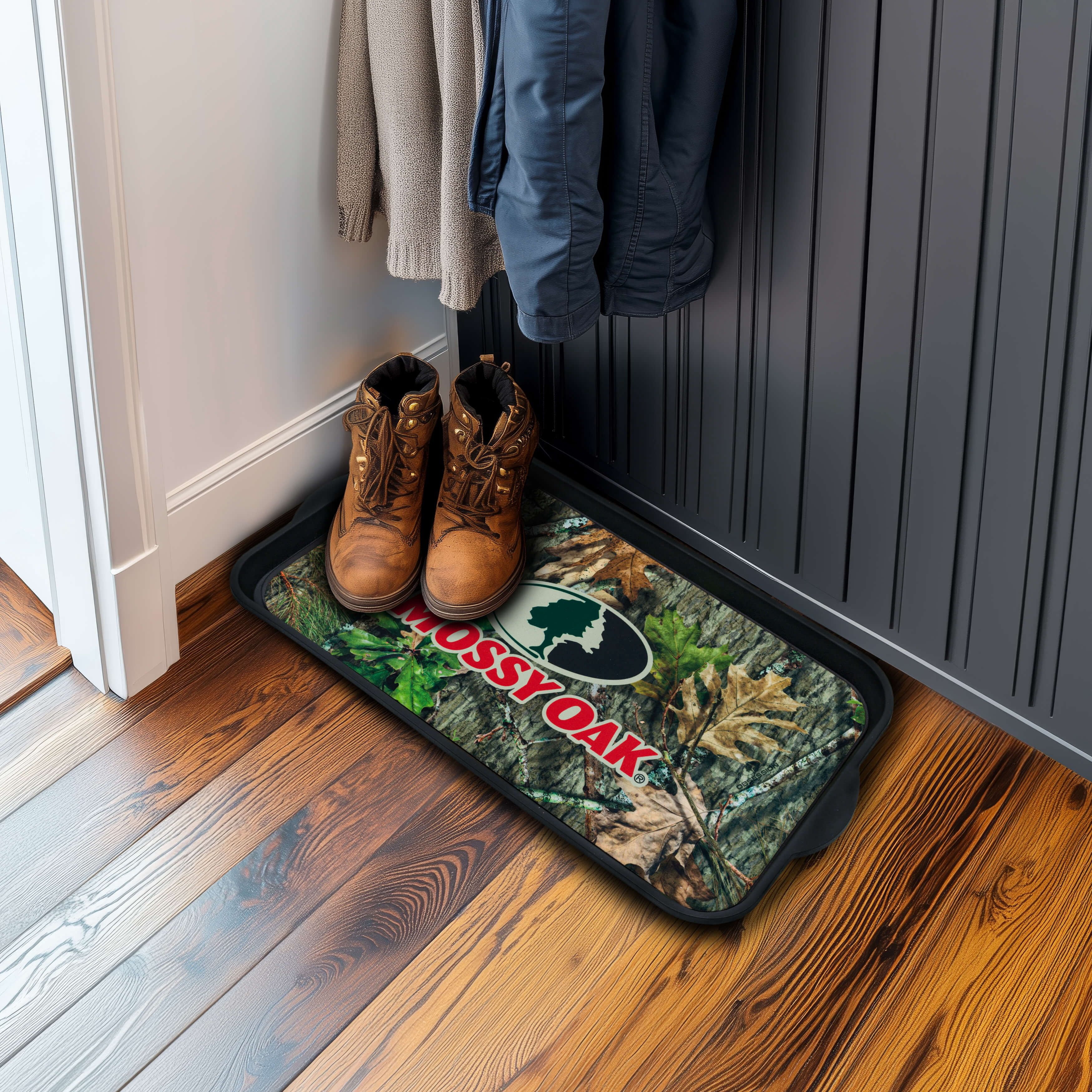 Mossy Oak Obsession Indoor Outdoor Durable All-Weather 2 Piece Boot Tray and Non-Slip Door Mat Combo, Brown, 13.4" x 25.6"
