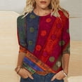 thumbnail image 2 of JURANMO Womens 3/4 Length Sleeve Tops, Casual Round Neck Pleated Blouses Vintage Ethnic Print Cotton Basic Tees Shirts Summer Tunic Prime Sales of The Day Red L, 2 of 7
