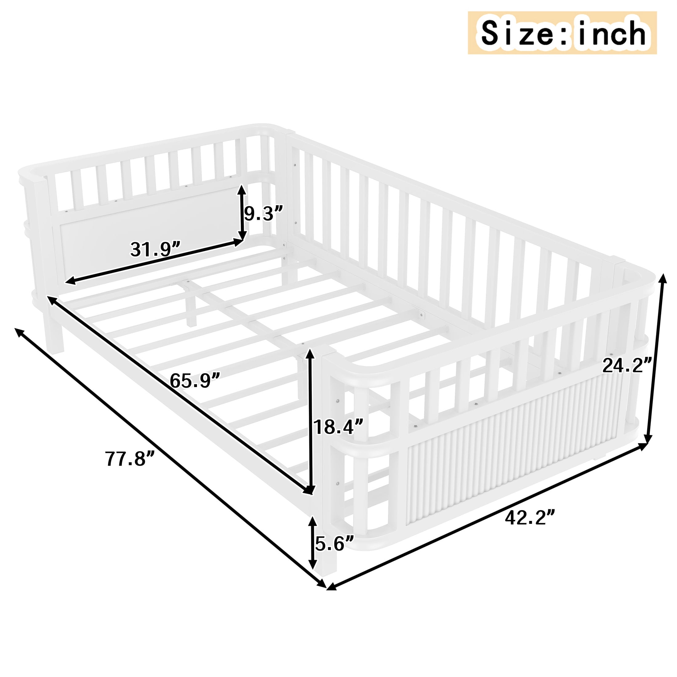 Noble House Twin Size Kids Platform Bed Frame with Three-Sided Safety Guardrails, Removable Rail, White