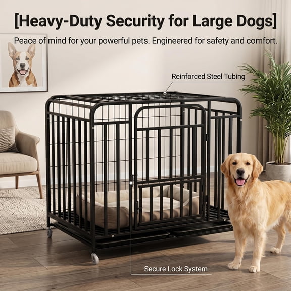 Heavy Duty Dog Crate, Dog Crates for Large Dogs with Floor Grate and Leak-Proof Slide-Out Tray, Escape Proof High Anxiety Dog Crate with Double Doors and Lockable Wheels