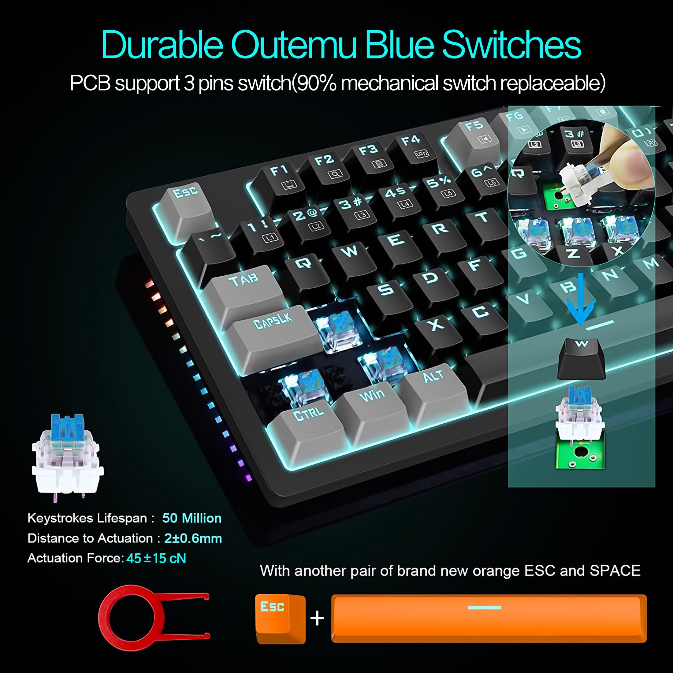 Mechanical Gaming Keyboard, E-YOOSO Wired 75% Mechanical Keyboard with Blue Switches, 87 Keys Gaming Keyboard with Solid Color Backlit & RGB LED Sidelight for Windows Mac PC Gaming