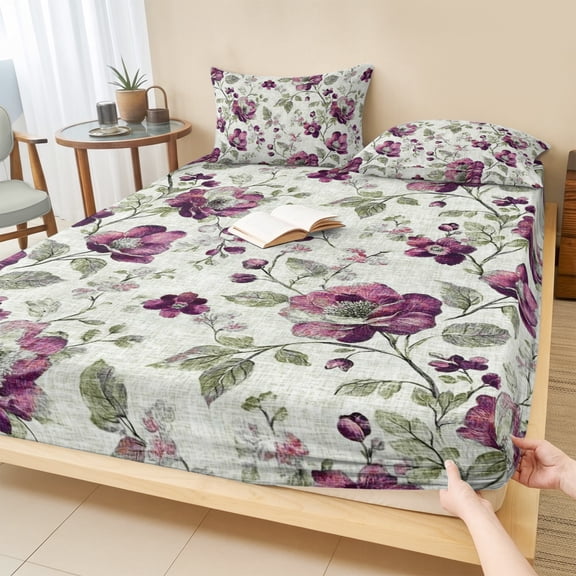 Twin Sze Fitted Sheet Set - Spring Floral 2 Piece Bedding Sets 16" Deep Pocket Fitted Sheet with 1 Pillowcase, Red Flowers Leaves Botanical Vintage Beige Brushed Microfiber Hotel Luxury Bed Sheets