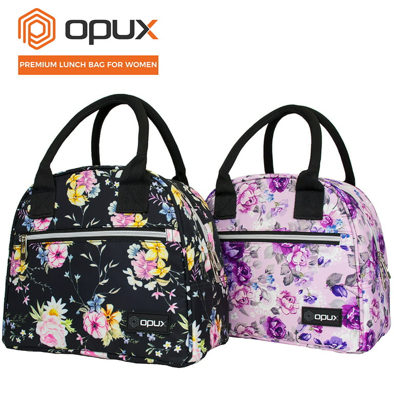 Opux Lunch Bag For Women | Insulated Lunch Tote For Ladies Girls Female | Medium Reusable Soft Lunch Box Purse Cooler For School Work Office | Fits 12 Cans (Floral Gray)