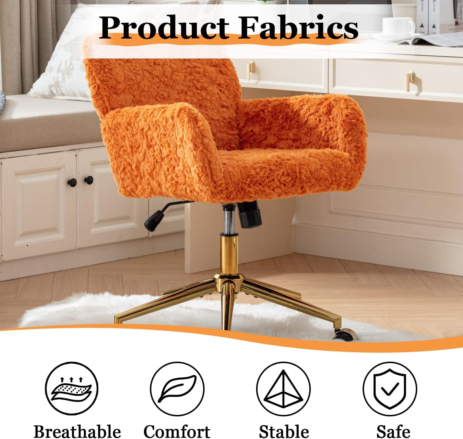 KISRAIS Furry Cute Office Chair, Modern Swivel Desk Chair with Wheels, Adjustable Makeup Vanity Chairs with Back, Upholstered Rolling Chairs for Vanity Makeup Room Study Indoor
