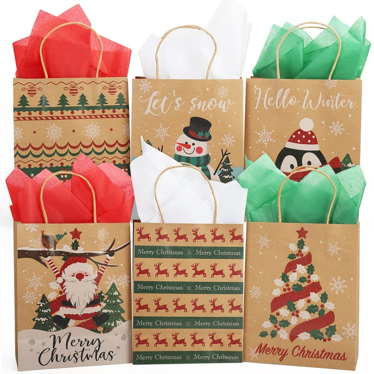 30 Pcs Christmas Gift Bags with 30 Pcs Tissue Paper, Kraft Paper