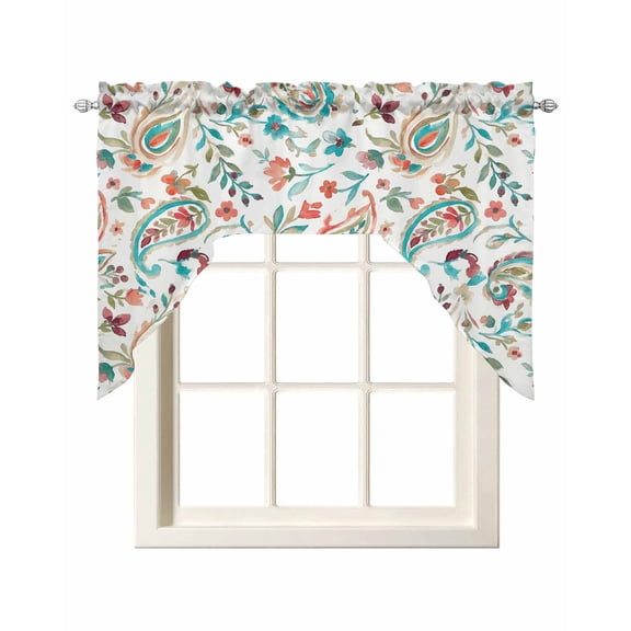 Boho Flower Swag Valances for Windows, Small Curtains Drapes, Spring Watercolor Paisley Floral Leaf Plant Kitchen Window Curtains Over Sink Window Treatment Valance for Bedroom/Bathroom 56"x36"