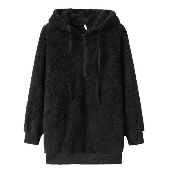Supvox 1Pc Female Hoodie Black Plush Warm Lightweight Zipper Coat for Outdoor Activities