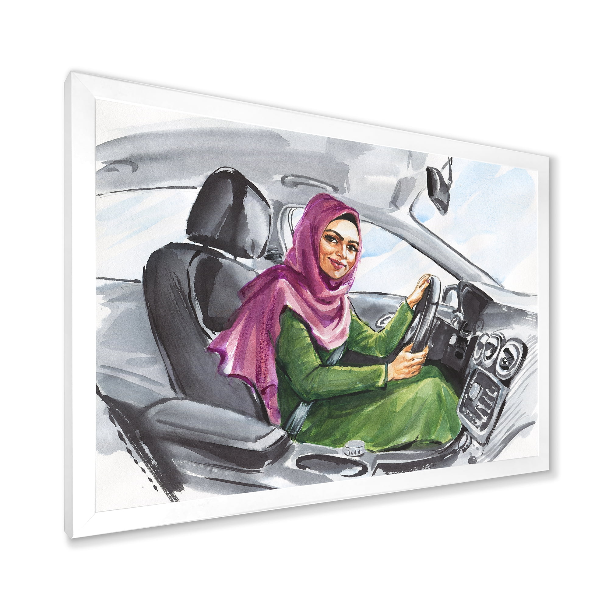 Designart 'Arabian Lady Driving A Car II' Modern Framed Art Print