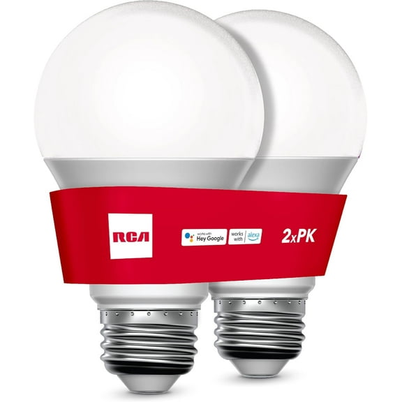 RCA Smart Light Bulbs, WiFi LED Light Bulb, Dimmable LED Lights, Dimmable 800 Lumens 10W (60W EQ A19), Works with Alexa and Google, Control from Anywhere with Smartphone, 2700K Soft White, 2-PK