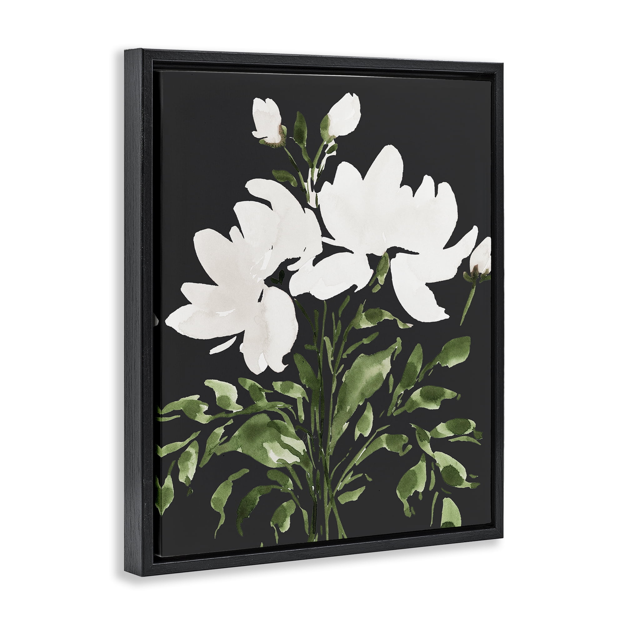 Stupell Industries White On Black Floral Black Framed Floater Canvas Wall Art, design by Lucille Price