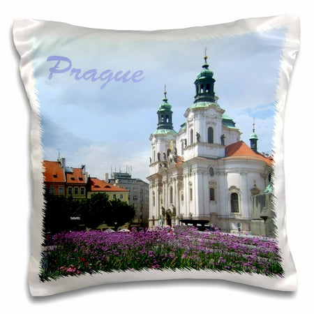 3dRose Prague, Czech Republic travel souvenir - Church of St. Nicholas in old town square - purple flowers - Pillow Case, 16 by