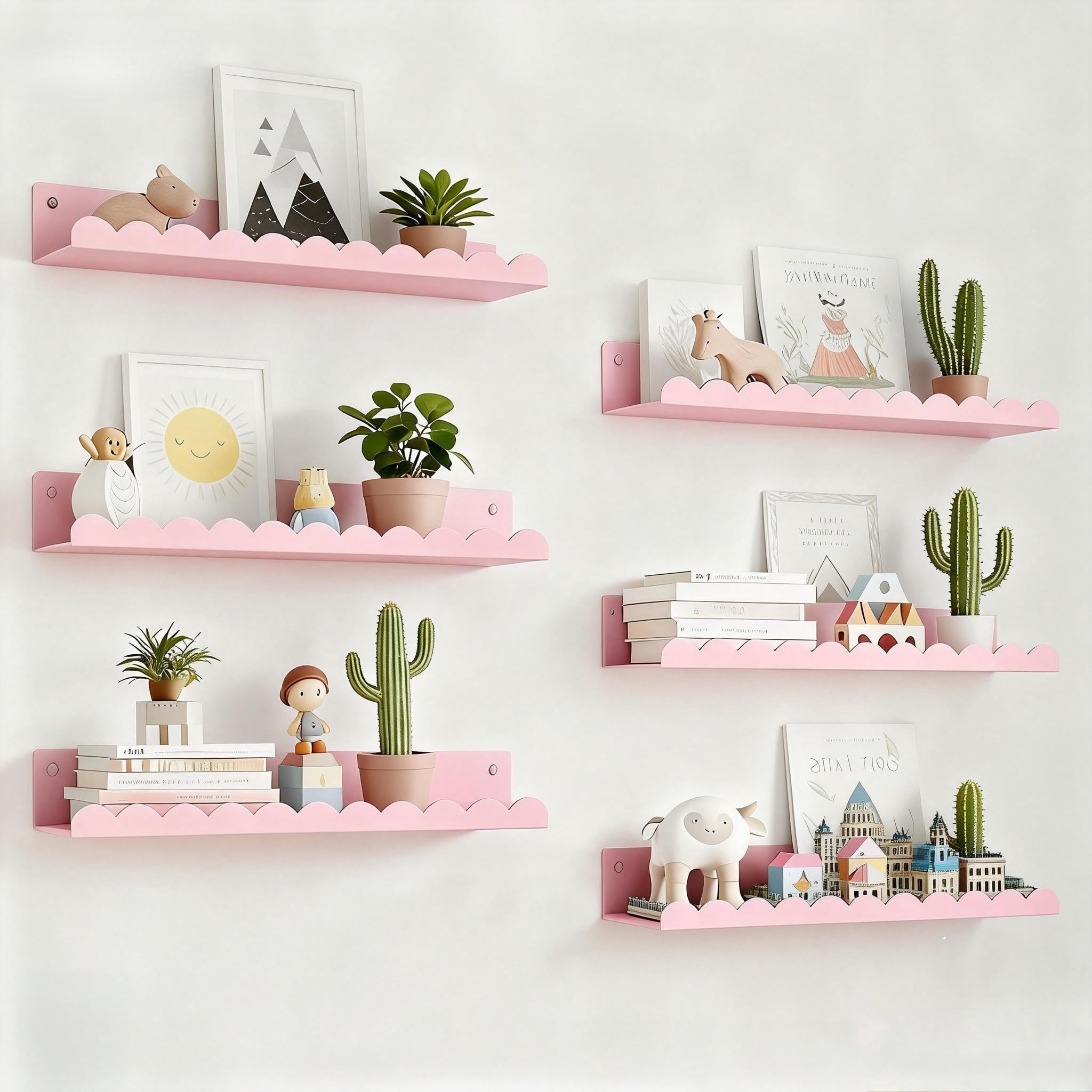 6-Piece Pink Metal Floating Shelves, 16" Cute Wall Bookshelf & Toy Display for Girls Room, Nursery