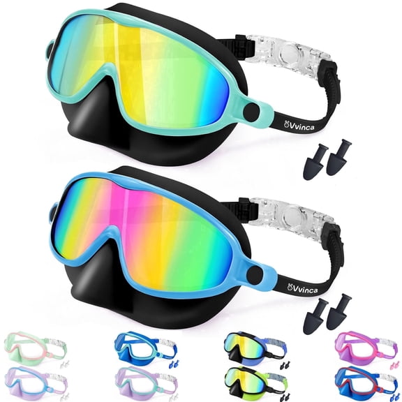 Vvinca Swim Goggles with Nose Cover, 2 Pack Wide View Diving Mask Anti-Fog UV No Leak Toddlers Swimming Goggles for Kids 3-14