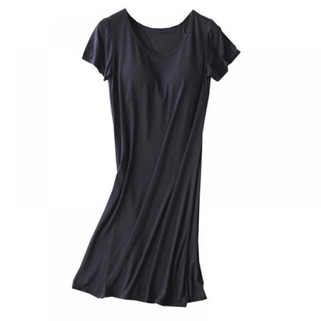 

Women s Vest Mid-long Pajamas Short Sleeve Nightdress with Chest Pad without Rims