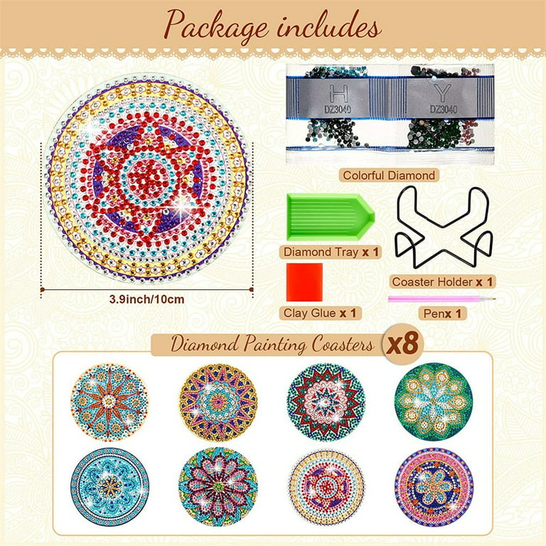 8 Pcs Diamond Art For Car Coasters, BSRESIN 2.8 Inches Diamond Painting  Coasters, Mandala Diamond Art Coasters Small Diamond Painting Kits  Supplies, D