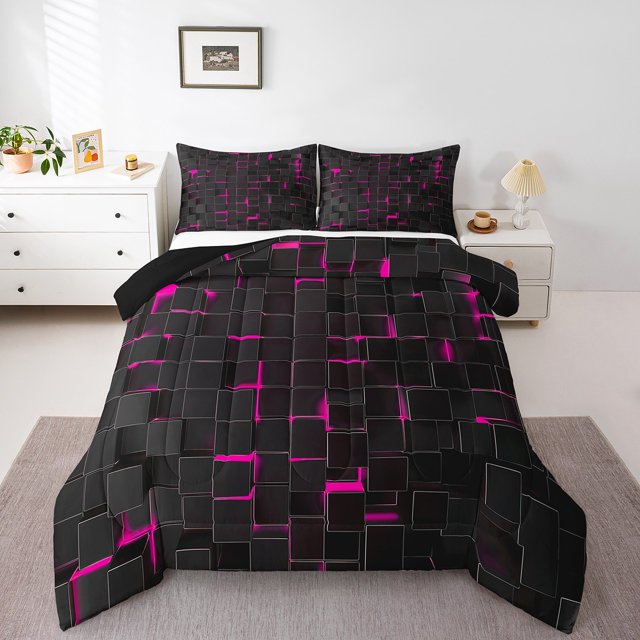 Erosebridal Geometric Plaid Comforter Sets Queen Size,Grid Check Bedding Queen Comforter Set,Futuristic Cubes Duvet Insert,Microfiber Teens Bedroom Decor,Reversible,3 Pieces