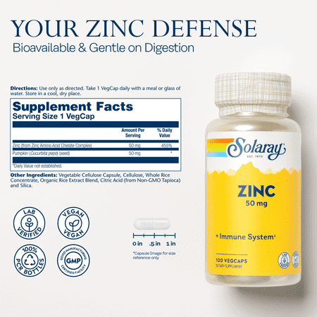 Solaray Zinc 50 mg Amino Acid Chelate with Pumpkin Seed, Immune & Cellular Health Support, Bioavailable, 100 VegCaps