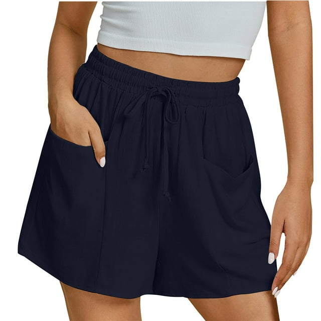 Plebaso Womens Casual Summer Shorts Elastic Waist Drawstring Wide Leg Beach Vacation Shorts with Pockets
