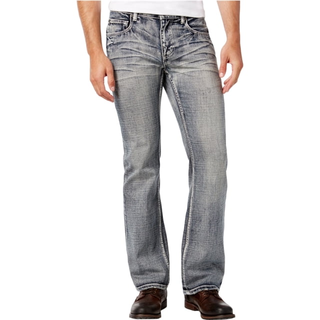 jeans de corte bota i-n-c de algodón para hombre azul 38 w x 32 l vista frontal completa; denim azul mediumwash bicolor con lavado con bigote y efecto ácido, cierre con cremallera y botón, corte bootcut clásico de tiro medio, estilo cinco bolsillos y costuras visibles, peso medio para uso informal.