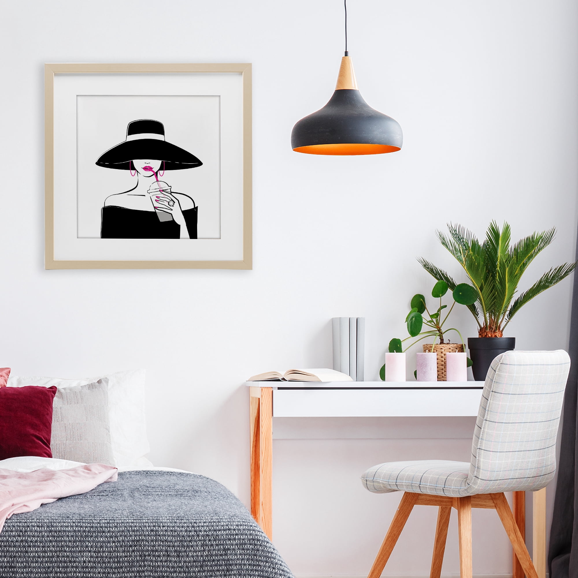 Stupell Industries Chic Black Hat Sipping Coffee Birch Framed Print Under Glass, design by Martina Pavlova