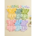 thumbnail image 4 of Aojekbee Infant Baby Girls Summer Romper with Bow Headband Daisy Print Flying Sleeve Round Neck Patchwork Jumpsuit, 4 of 10