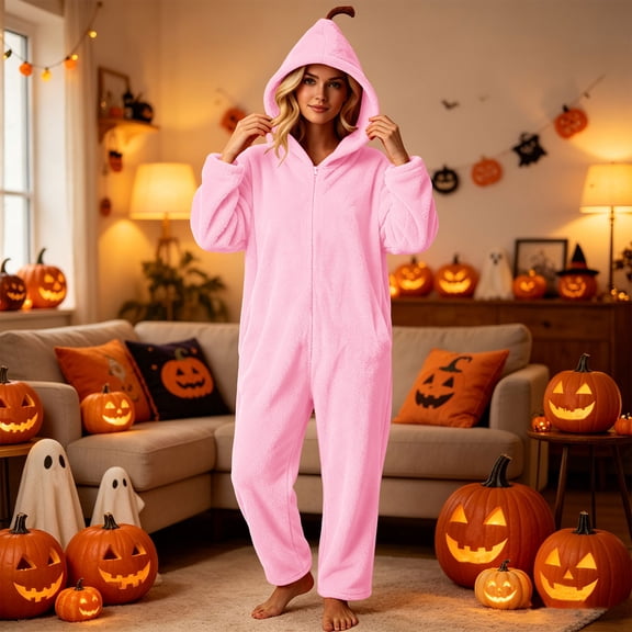 Karymi Jumpsuits for Women, Halloween Pumpkin Hooded Onesie, Full Zip Fuzzy Plush One Piece Loungewear Jumpsuit with Side Pockets