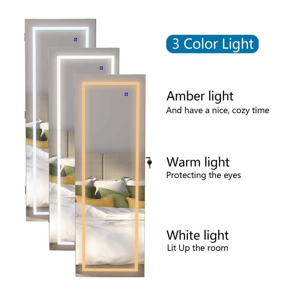 Lowestbest Jewelry Mirror Cabinet, Full Mirror Wooden Wall Hanging 4-Layer Shelf 2 Drawer with Inner Mirror 3-Color LED Light- White Lowestbest Jewelry Mirror Cabinet, Full Mirror Wooden Wall Hanging 4-Layer Shelf 2 Drawer with Inner Mirror 3-Color LED Light- White