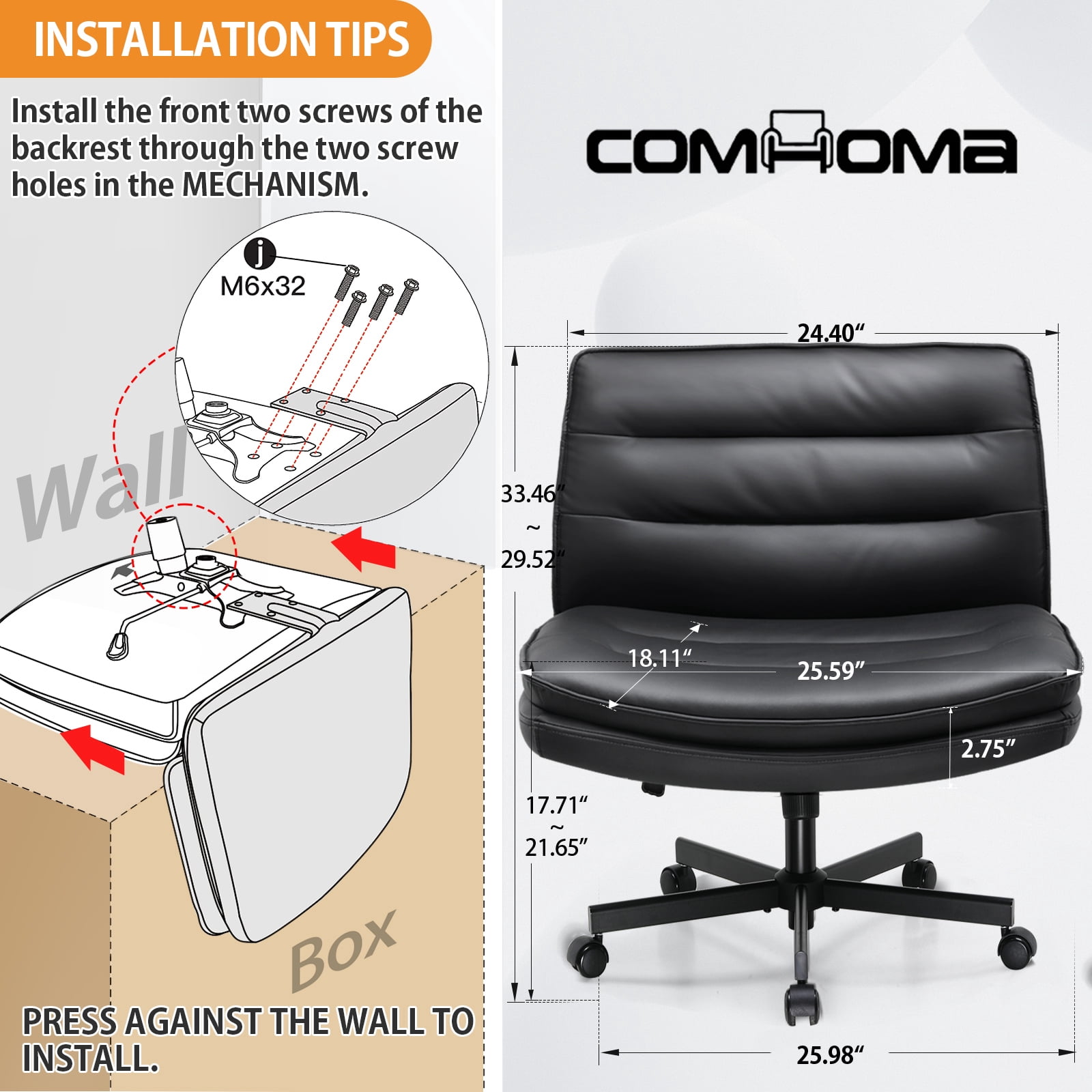 COMHOMA Armless Office Desk Chair with Wheels, PU Leather Padded Cross Legged Office Chair, Modern Swivel Vanity Chair Height Adjustable Wide Seat Computer Task Chair, Balck