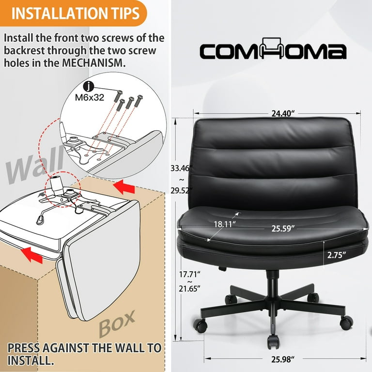 COMHOMA Armless Desk Chair with Wheels Black PU Leather Swivel Adjustable Height Walmart