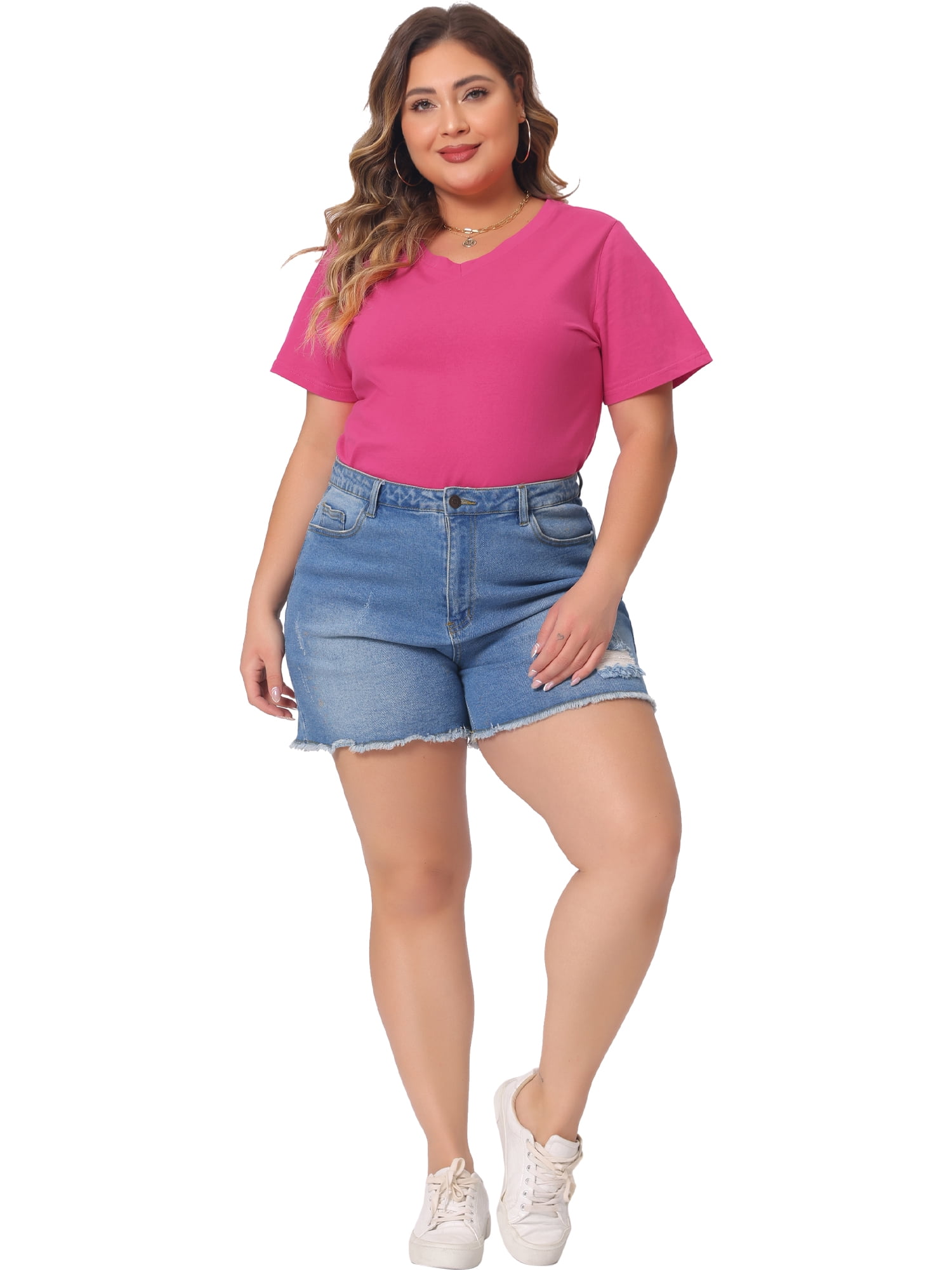 DARING DIVA Women's Plus Basic V Neck Short Sleeve Casual Tops T Shirts 3X Hot Pink