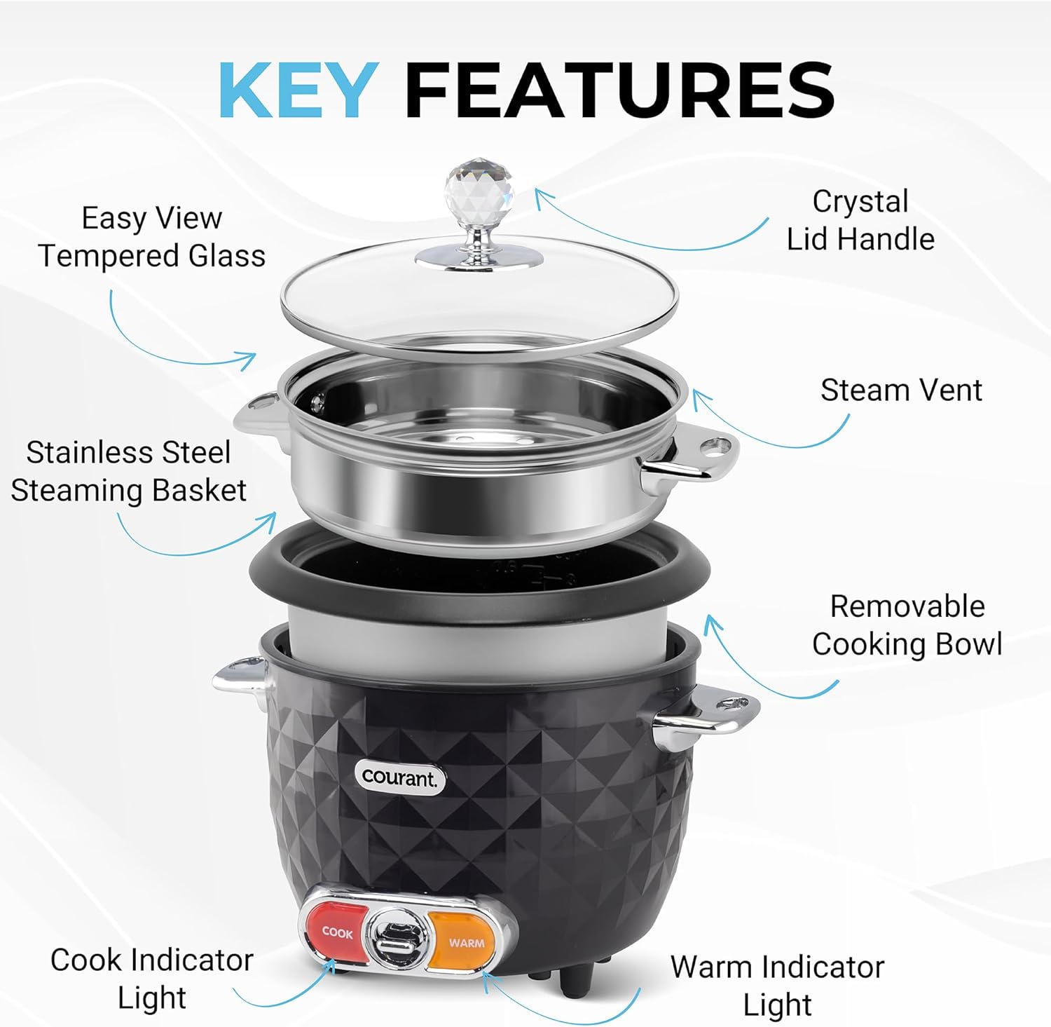 10-Cup Rice Cooker and Steamer with One-Touch Operation, Automatic  Warm Function,  Accents, Black