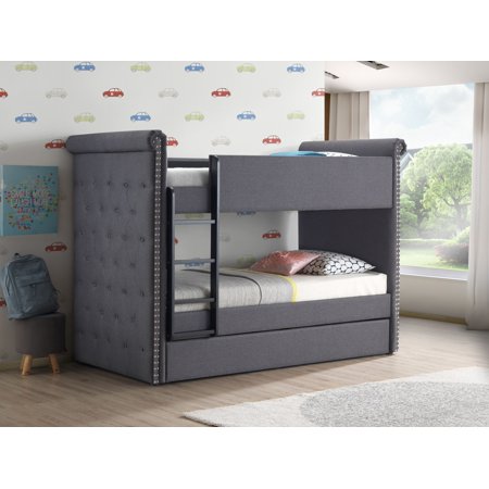 LANTRO JS Romana Bunk Bed & Trundle (Twin Twin), Gray Fabric (1Set 3Ctn) 37855