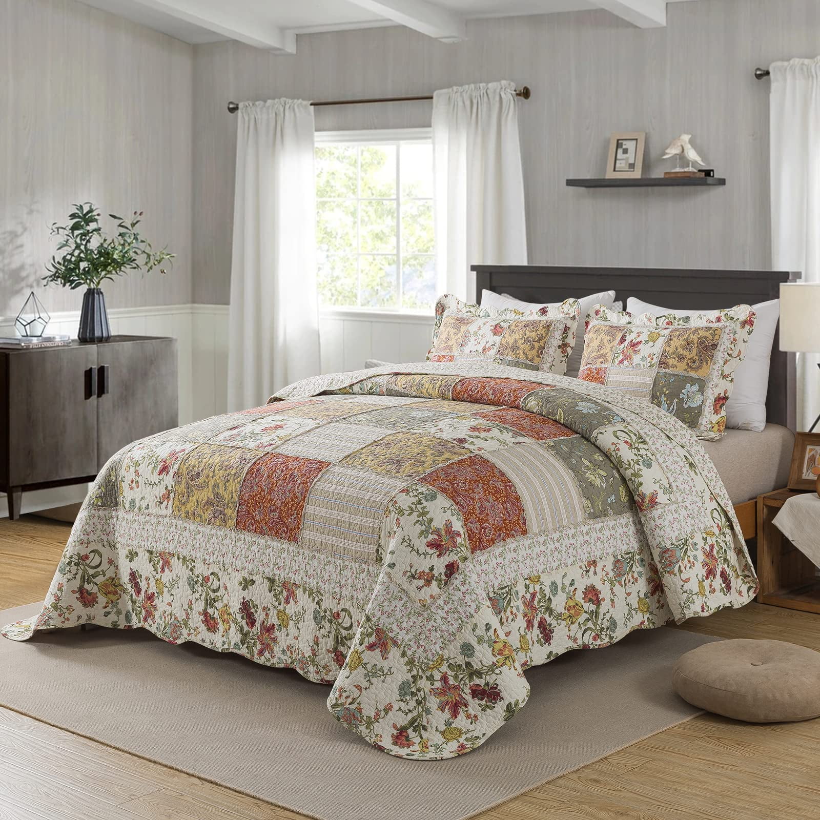 WannaToo Cotton Bedspread Quilt Set for All Season, Beige Patchwork, Queen