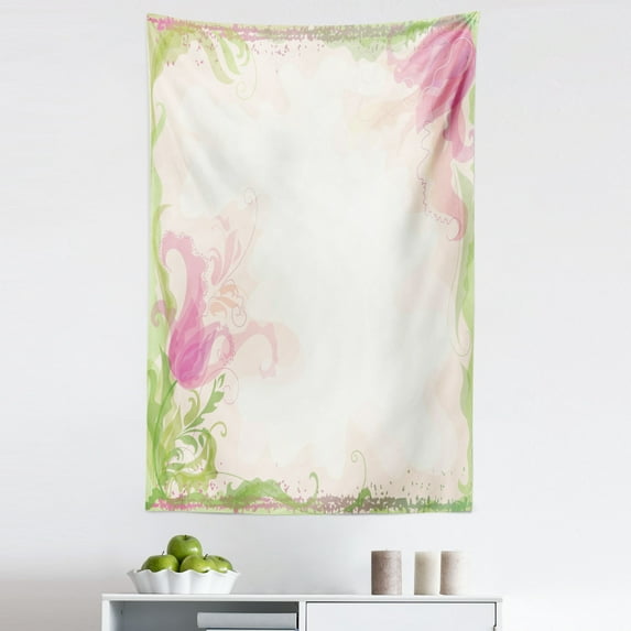 Pink and White Tapestry, Pastel Colored Springtime Frame with Hand Drawn Tulip and Green Leaves, Fabric Wall Hanging Decor for Bedroom Living Room Dorm, 5 Sizes, Peach Pink Green, by Ambesonne