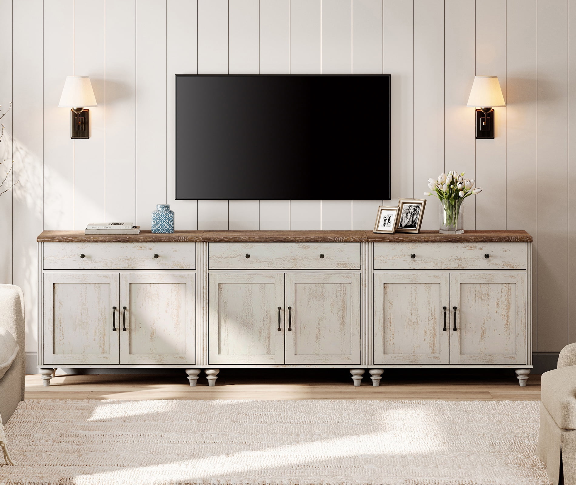 Rustic White Farmhouse TV Stand for 85 inch TV with Drawers & Doors