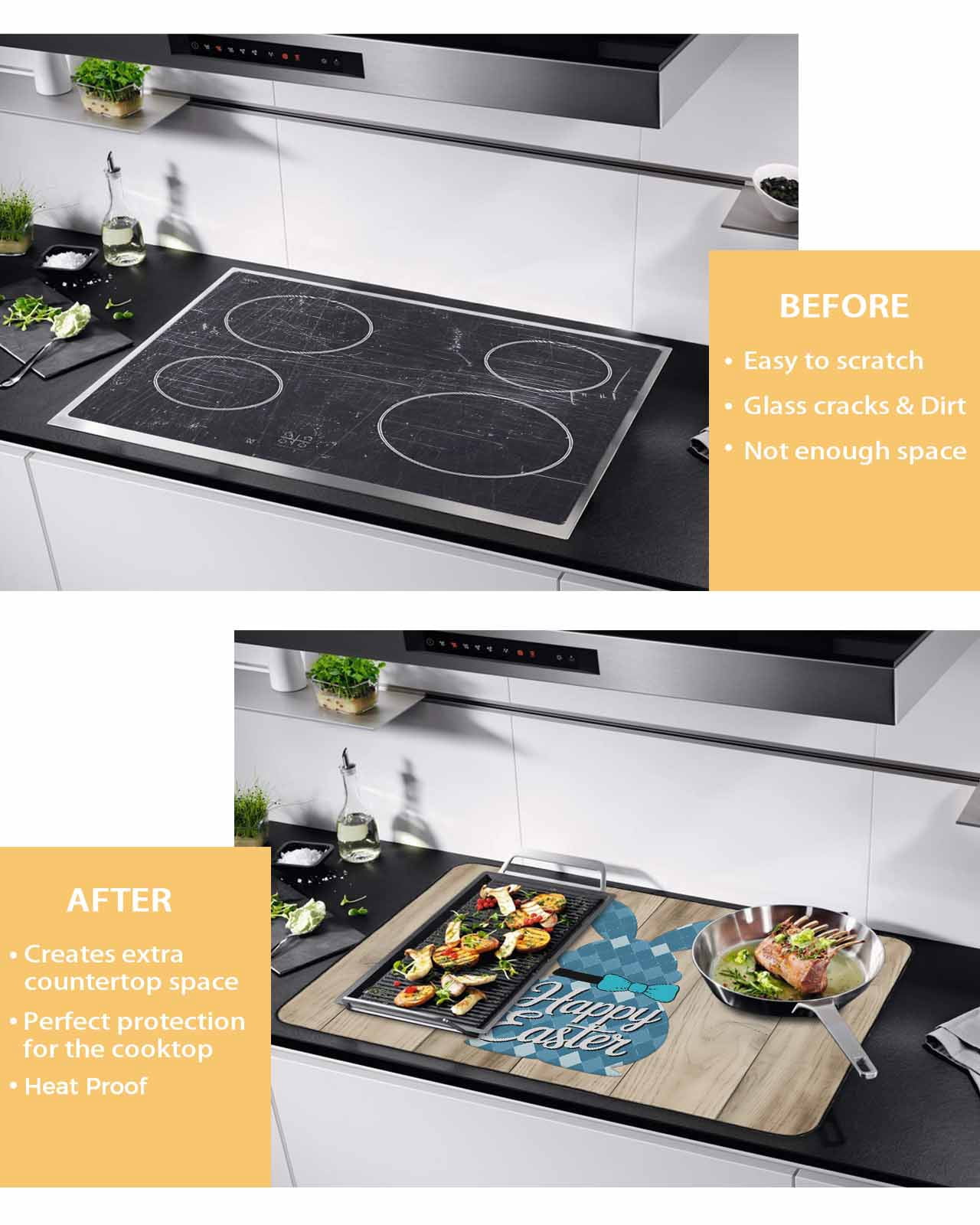 Large Induction Cooktop Protector Mat Easter Stove Top Covers for Electric Stove, Vintage Blue Cute Rabbit Brown Wooden Grain Decorative Stove Burner Cover Mats, Glass Top Stove Cover
