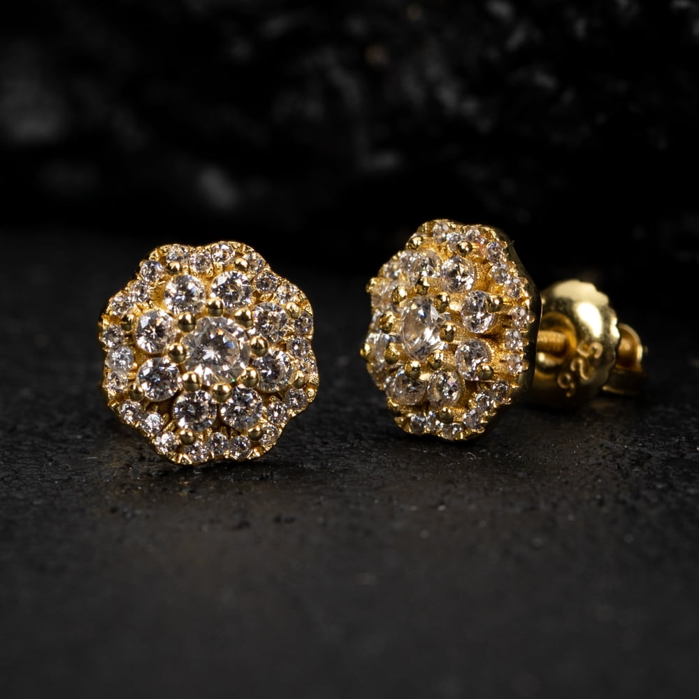 Yellow Gold Plated 925 Sterling Silver Screw Back Post Flower Cluster Honey Comb Set Hip Hop Stud Circle Earrings