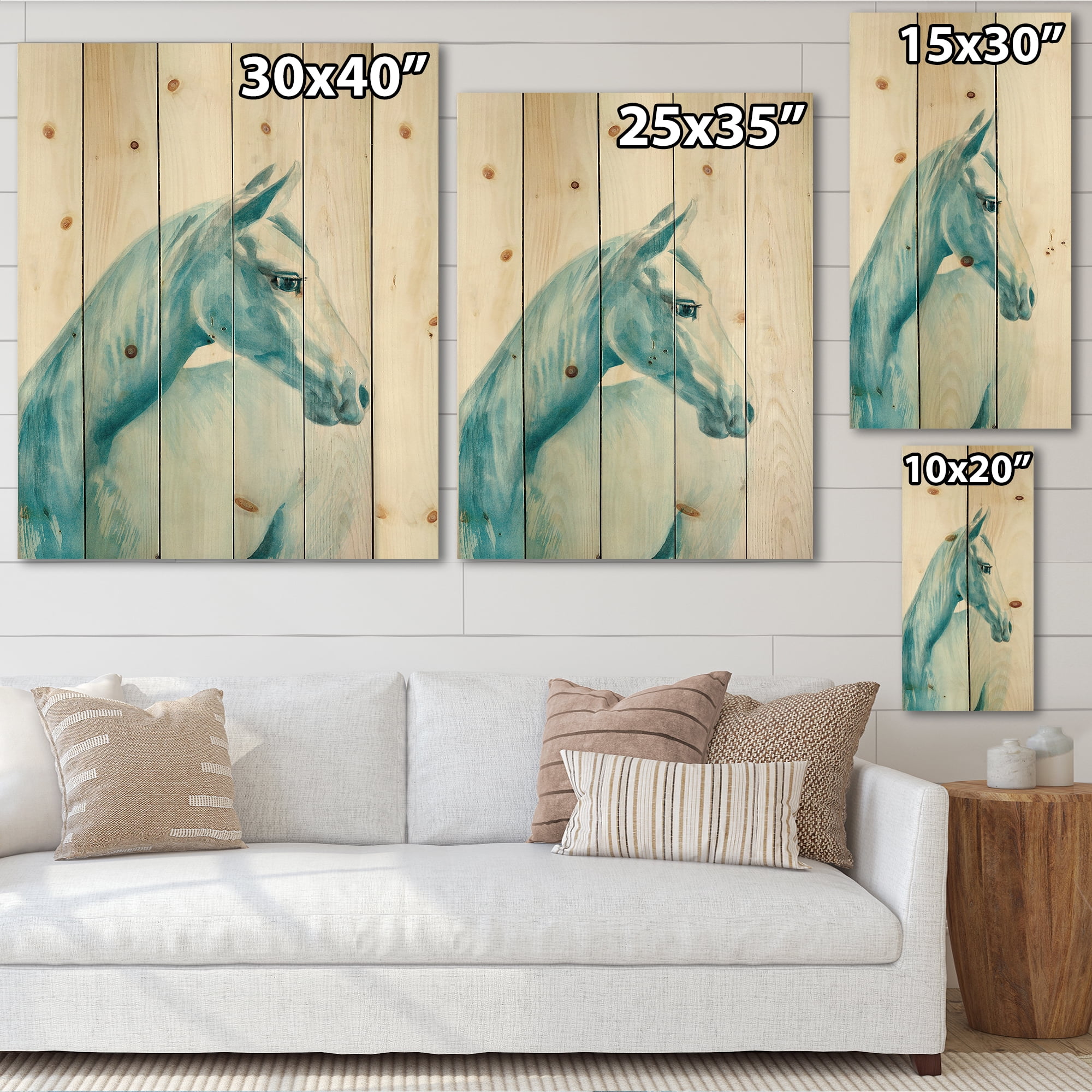 Designart 'Close Up Portrait Of A Light Blue Horse' Farmhouse Print on Natural Pine Wood